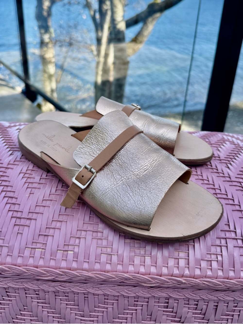Gold Leather Slide Sandals by Mila Paoli